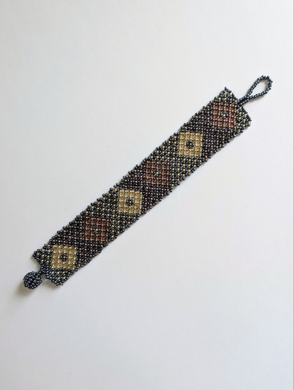 Fully Beaded Bracelet Blue With Brown And Tan Gold Geometric